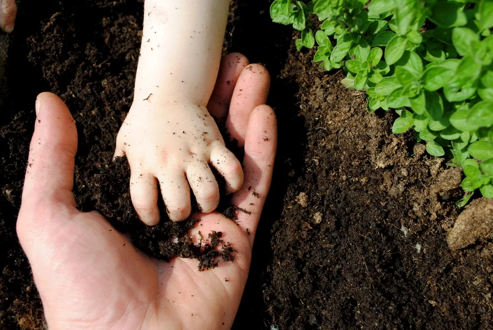 Father and daughter playing with soil